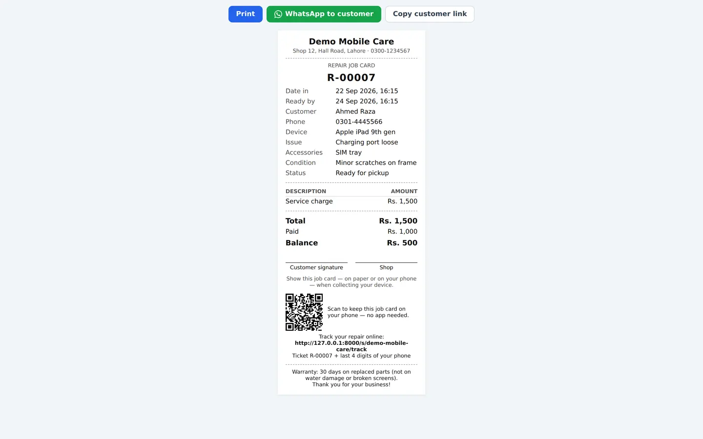 Printed job card — Mobwala